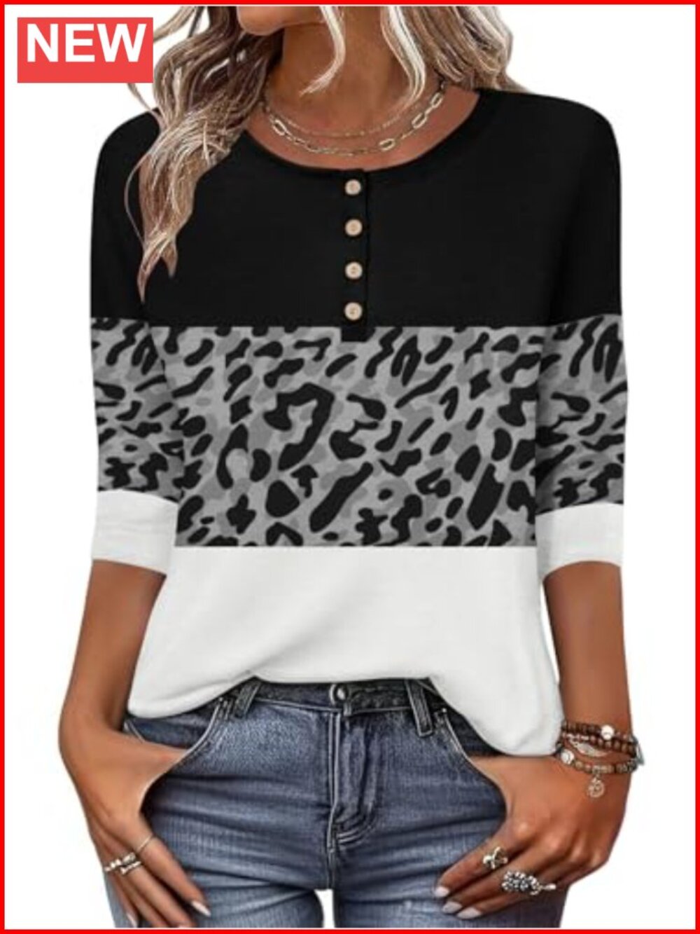 Women's 3/4 Sleeve Button Down Tunic Top Casual Blouse Work